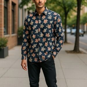 Paul Frederick navy blue floral pink button dress shirt XXLT tall MT123